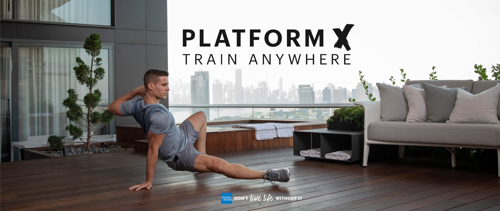 Platform X: Train Anywhere, a member stretching on a terrace