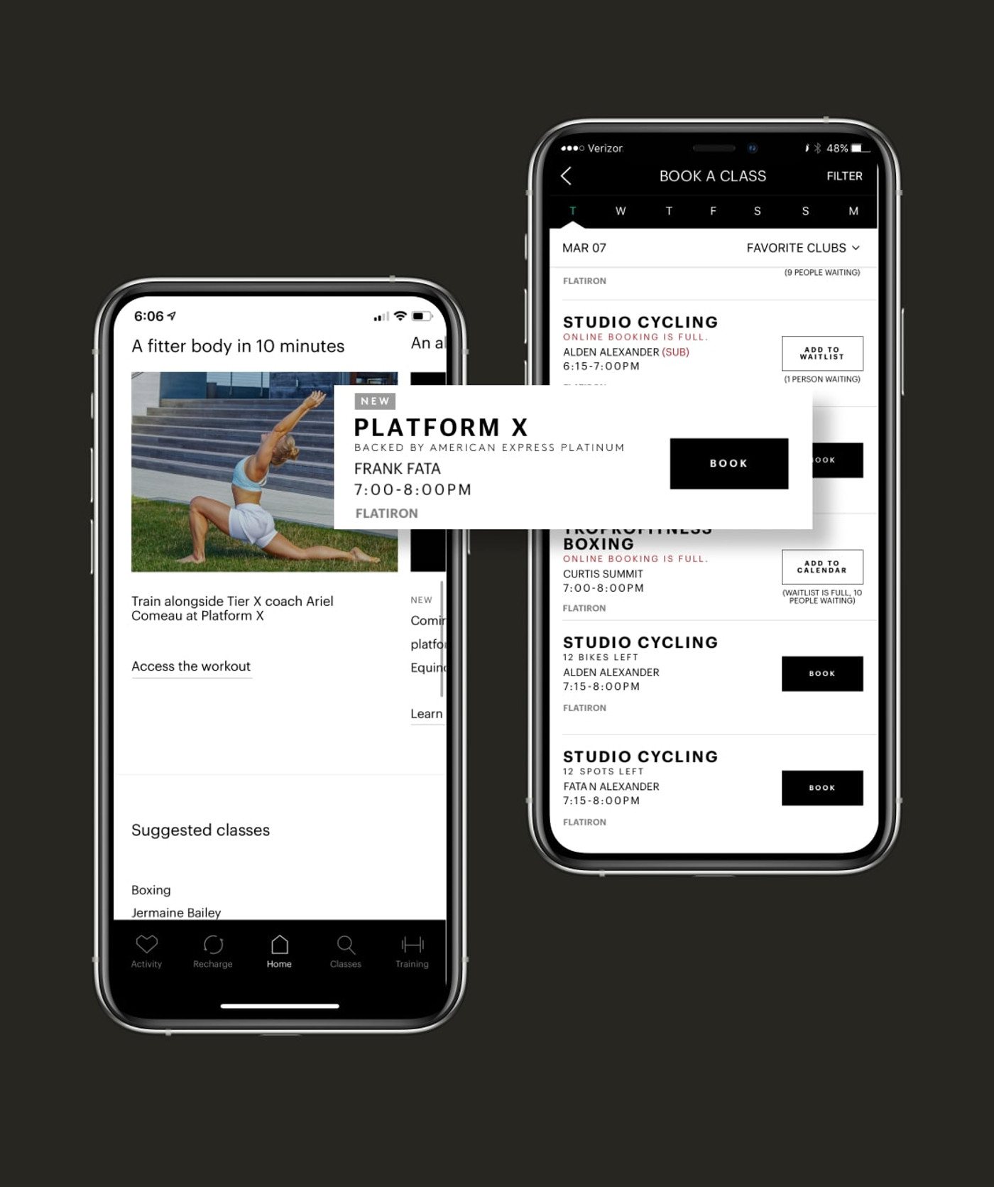 Platform X in-app booking — home and class schedule with Book card