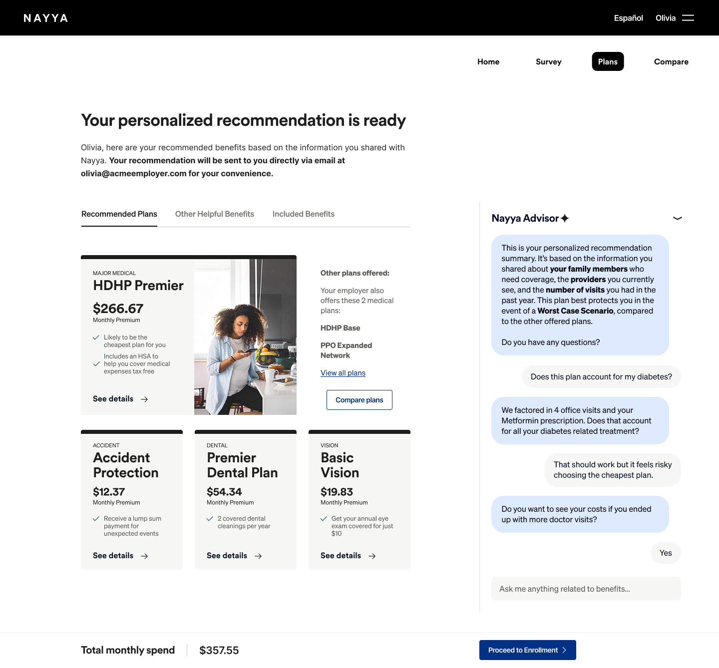 Prototype screen: a light recommendation for people who skip the survey